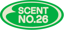 A green oval sticker with a white border and the text 'SCENT NO.26' in white, on a white background.